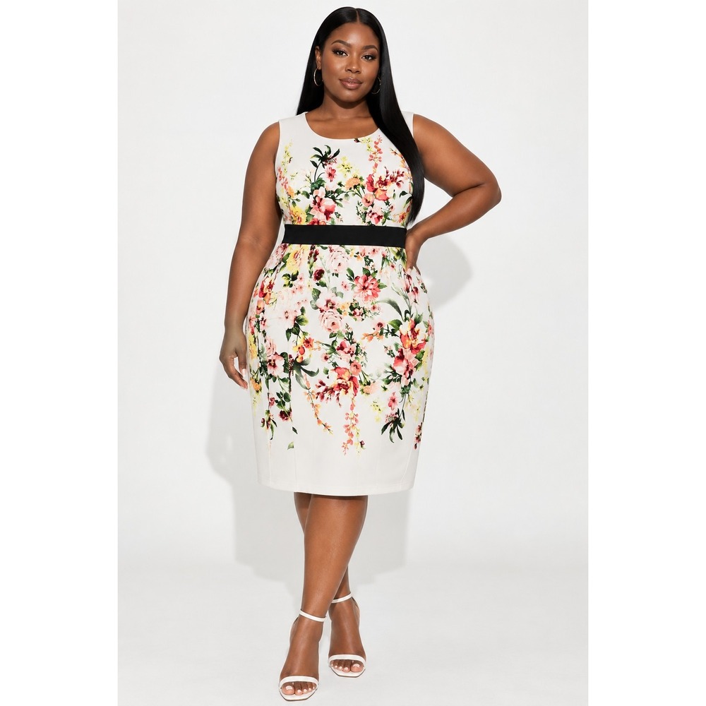 New York & Company Women's XL Floral Fit & Flare Sleeveless Dress Black Waist